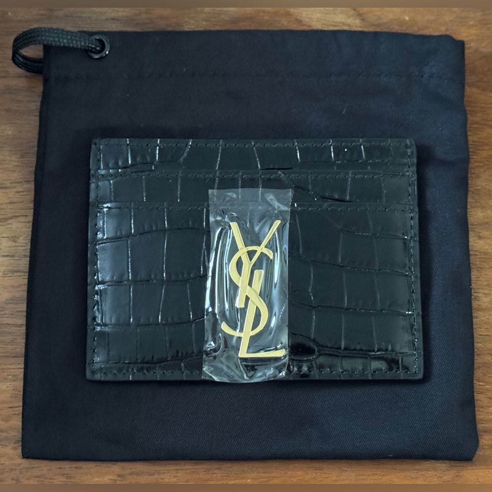 Saint Laurent Black Croc Card Holder with Gold Logo - Picture 3 of 5